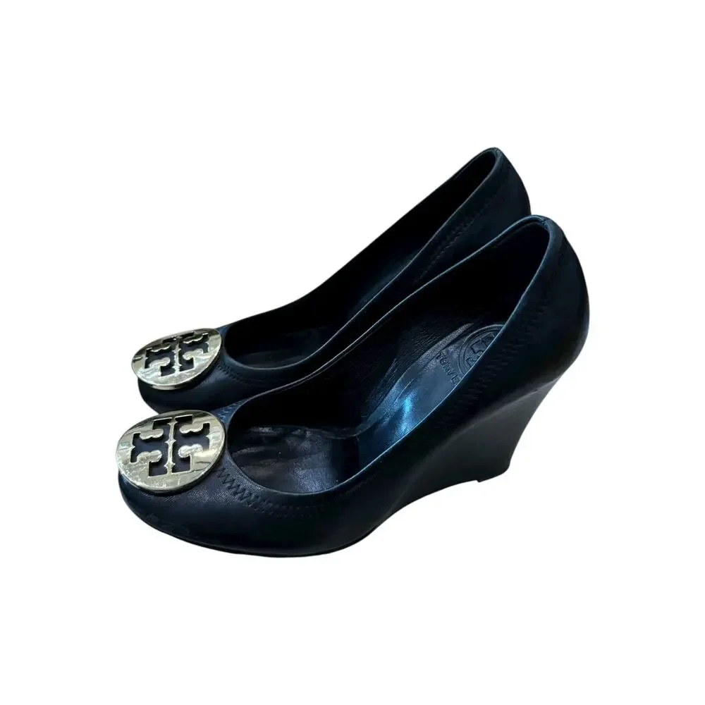 Tory Burch Sophie Logo Wedge Pumps Black Leather Women’s 6.5M